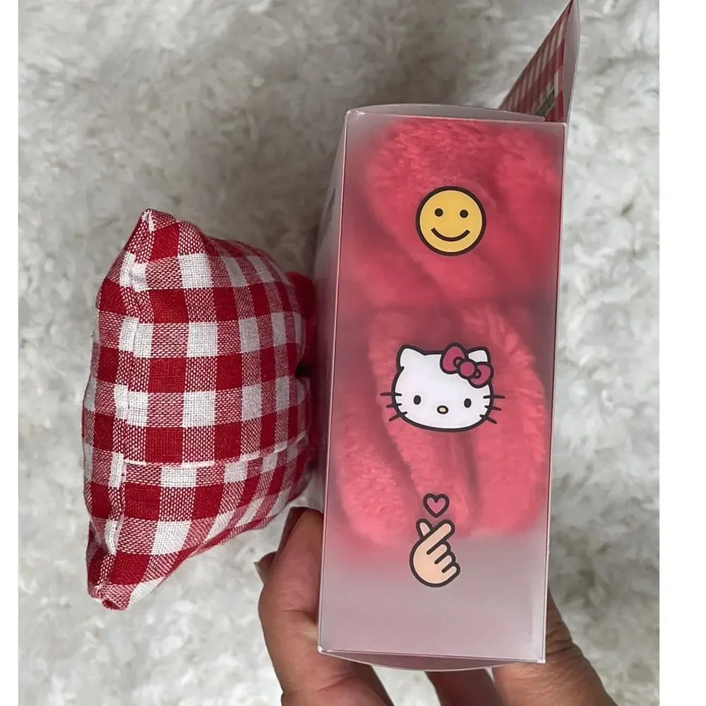 The Creme Shop Hello Kitty Red White Gingham Plush Spa Headband Bow Hairband NEW